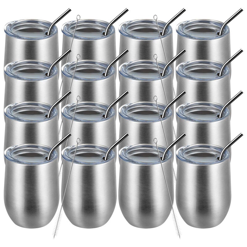 MEWAY 12oz Wine Tumbler 16 Pack Bulk Gifts for Women,Double Wall Vacuum Stainless Steel Travel Mug with Lid,Insulated Stemless Wine Cup Glass for Coffee,Cocktails,Drinks(Sliver,Set of 16) - Image 1
